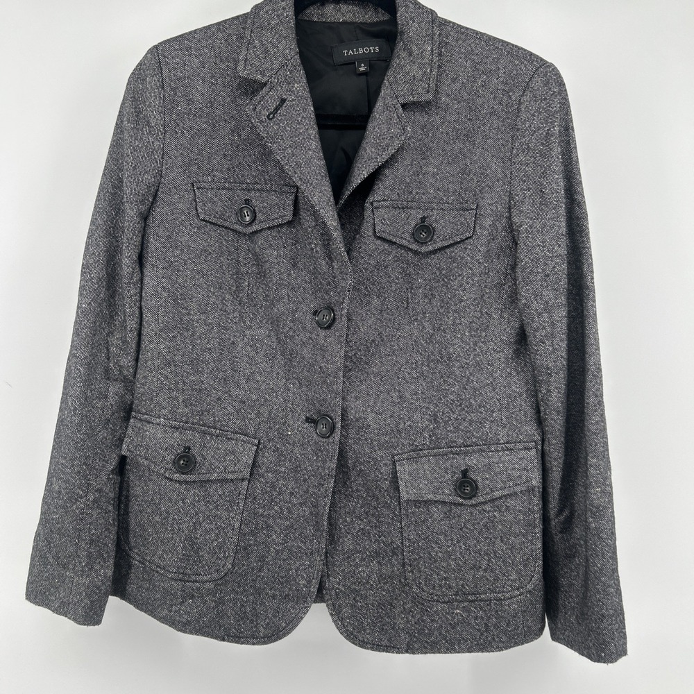 Talbots Women's Size 6 Gray Tweed Wool Blend 4-Pocket Blazer Jacket Classic